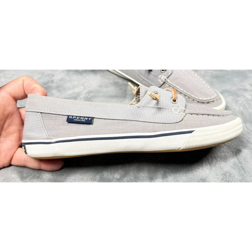 Sperry Boat Shoes Womens 8.5 Gray Canvas Leather Lace Slip On Casual